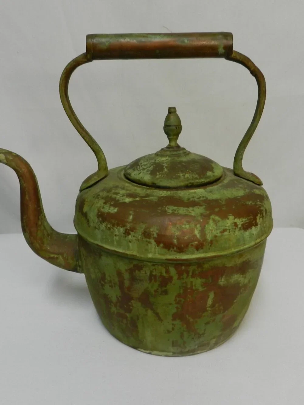 Antique Vintage Copper Tea Kettle Goose neck Spout green patina Handle 12